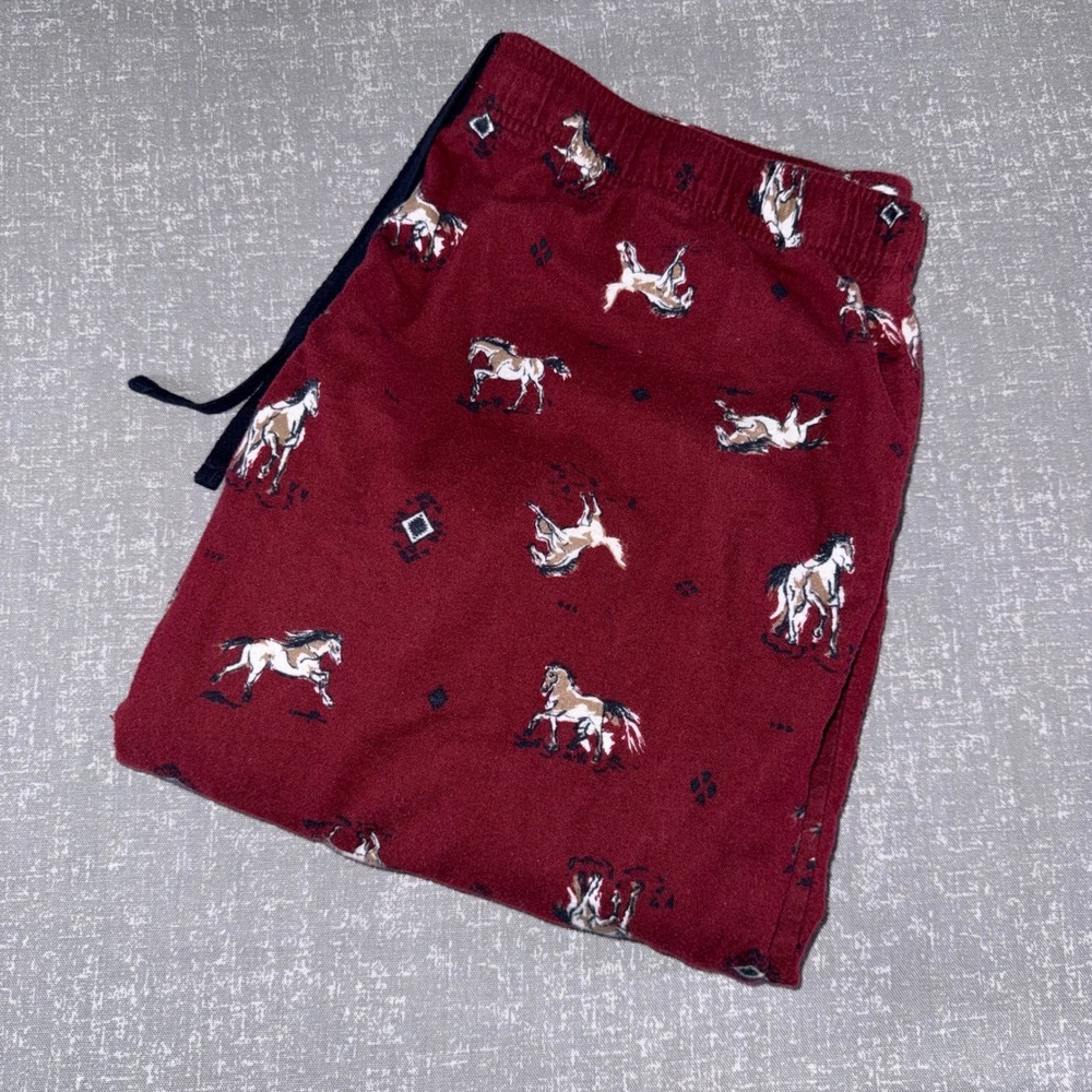 Blue Mountain Mens‎ XL Burgundy Horse Print Cotton Flannel Pajama Pants Lounge